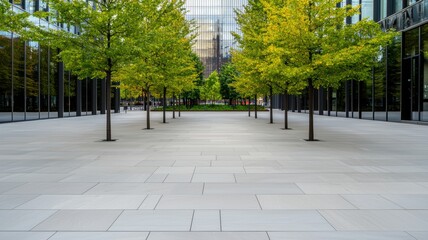 Fototapeta premium Empty Urban Plaza Surrounded by Modern Skyscrapers with Trees and Greenery