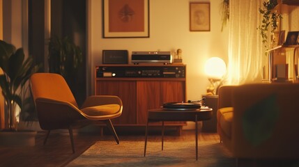 A warm mid-century modern living room with vintage furniture and soft lighting creates a cozy atmosphere