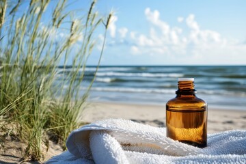 Amber Glass Bottle on Beach Towel with Ocean Waves and Cloudy Sky in Background
