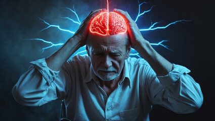 Dramatic portrayal of an elderly man with an exposed glowing brain, showing neural distress. Blue electric sparks emphasize brain activity, ideal for neurology, mental health, and medical topics.