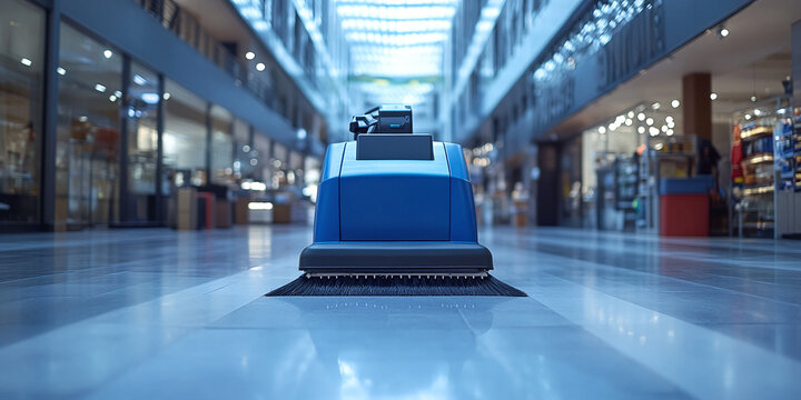 Blue modern self driving cleaning machine working in a blurred large retail space