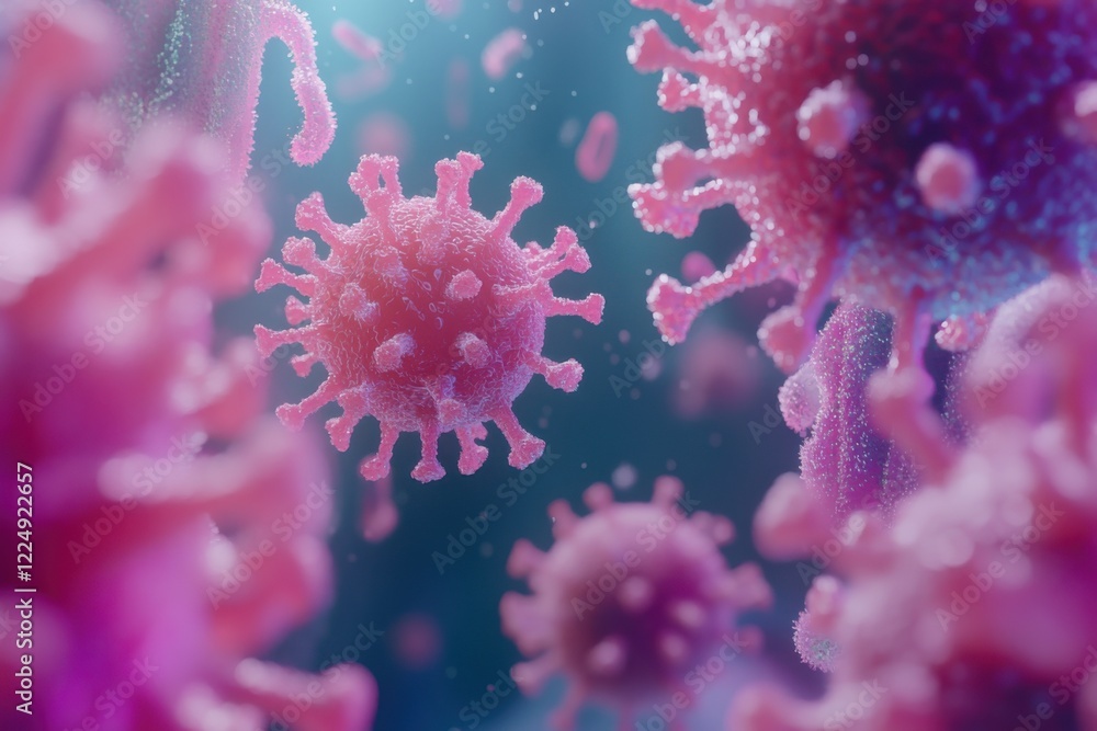 Poster virus particles in a highly detailed microscopic view showcasing their structure and complexity in a