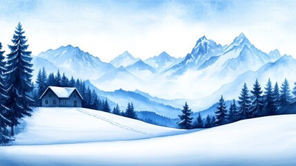 Fototapeta premium A Serene Watercolor Depiction of the Swiss Alps Winter - Peaceful winter landscape, snowy mountains, cozy cabin, tranquil scene, serene atmosphere.