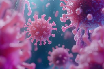 Fototapeta premium Virus particles in a highly detailed microscopic view showcasing their structure and complexity in a colorful background