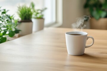 Obraz premium Freshly Brewed Coffee in White Mug with Steam against a Bright Indoor Background