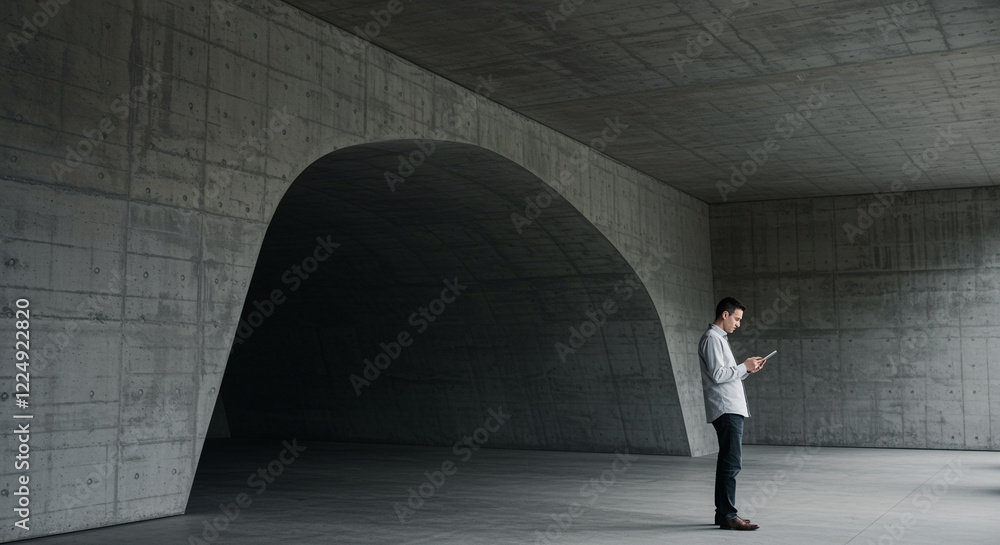 Poster man using smartphone in modern concrete architecture environment