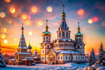 Obraz premium Siberian Orthodox Church, Irkutsk, Russia - Winter Bokeh Photography
