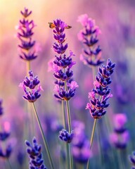 Naklejka premium Lavender field with butterfly resting on a flower during golden hour with soft light