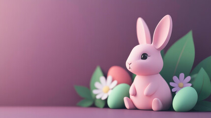 Adorable pink bunny surrounded by pastel Easter eggs and spring leaves. Perfect for Easter greetings or springtime themes.