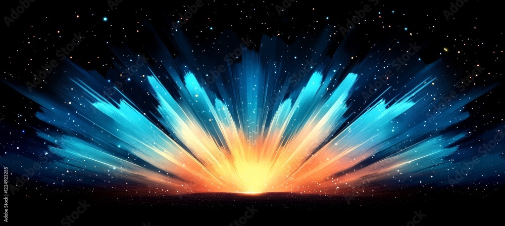 Poster glowing light streaks converging on a center point transitioning into large cyan and orange circles