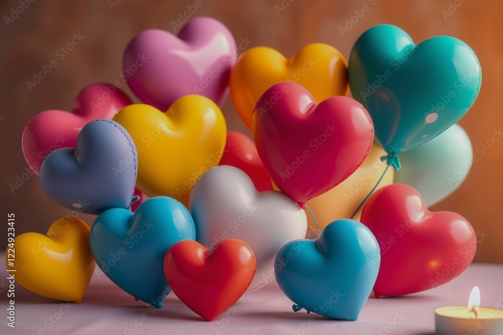 Poster a bunch of colorful balloons in the shape of hearts are arranged on a table. the balloons are of dif