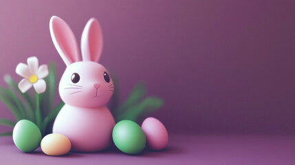 Obraz premium Cute pink bunny with Easter eggs and flower.