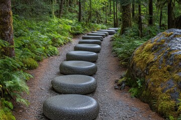 Obraz premium Serene Pathway with Smooth Stones in Lush Green Forest Setting for Tranquil Nature Escape