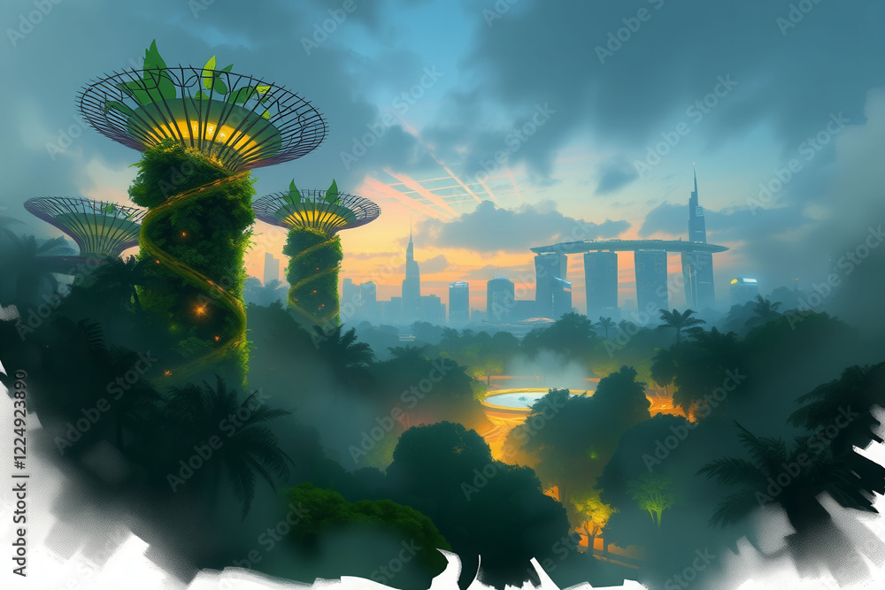 Poster a cityscape with a large building in the background and two palm trees in the foreground. the sky is