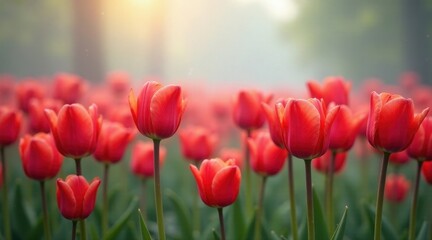 Fototapeta premium A field of vibrant red tulips bathed in the soft glow of sunrise, a breathtaking display of spring's beauty