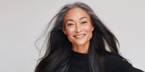 Naklejka premium Studio headshot portrait of elegant and smiling mature Asian woman