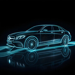 The image shows a blue glowing outline of a car, with the front left wheel being the most detailed part.