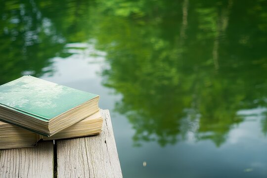 Stacked Vintage Books on Wooden Dock by Tranquil Green Lake with Reflections of Nature