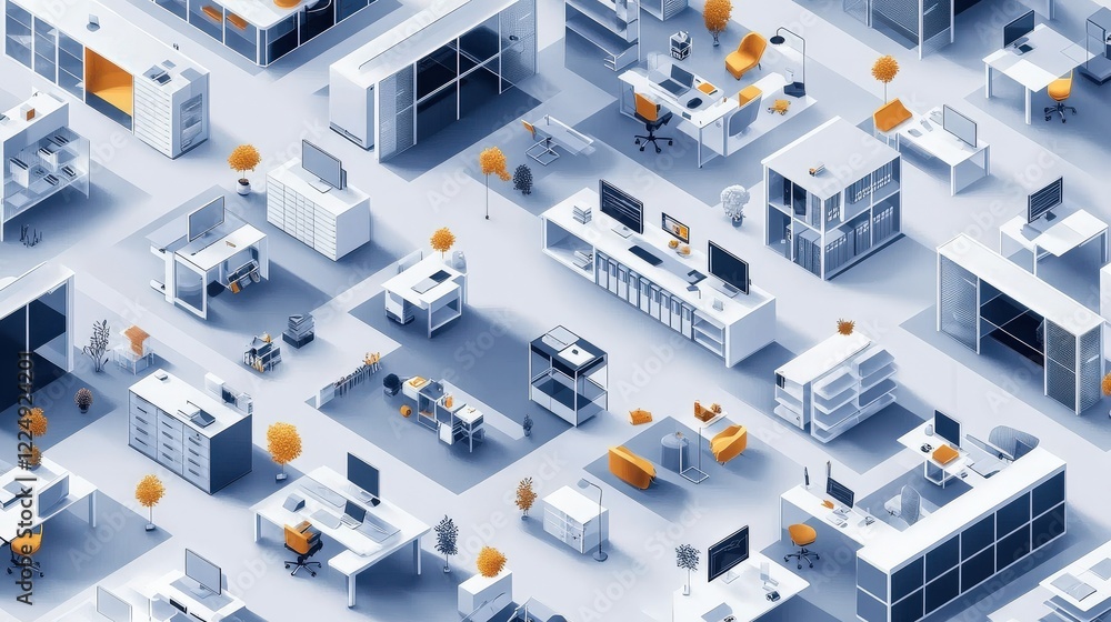 Poster aerial view of a modern office layout featuring workstations and collaborative spaces in a vibrant e