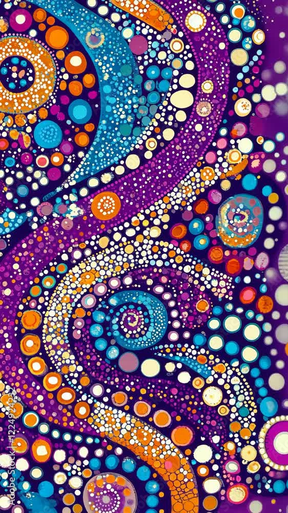 Poster colorful abstract design featuring swirling patterns and vibrant dots in a dynamic composition