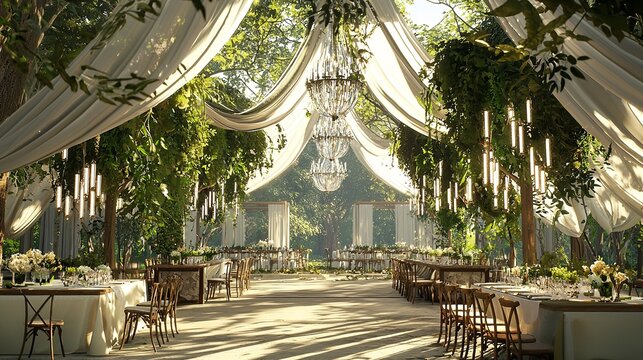 Outdoor Summer Wedding Tent Decorated with Hanging Jhumrey. - Powered by Adobe