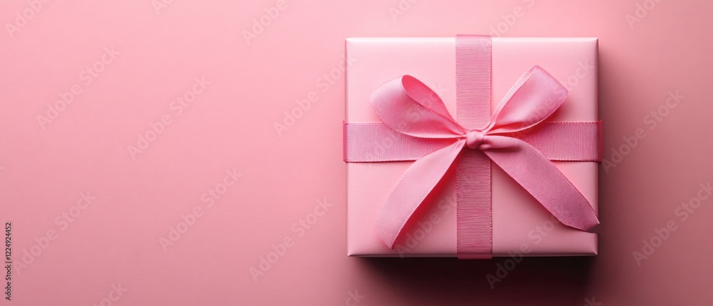 Poster pink gift box with ribbon on matching background creating a soft and elegant presentation