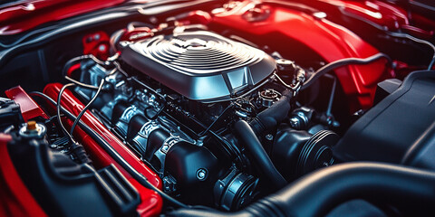 Obraz premium Close-up of a polished car engine with glossy red components, showcasing precision, engineering, and modern automotive technology