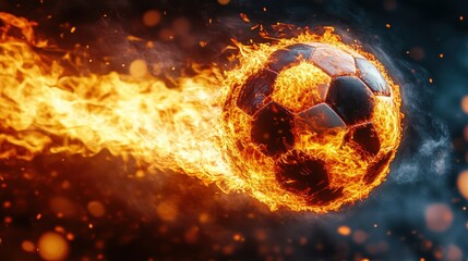 Fototapeta premium Fiery Football Passion: A soccer ball engulfed in flames streaks across a dark background, sparks flying, igniting a visual representation of the fierce passion and intensity of the sport.