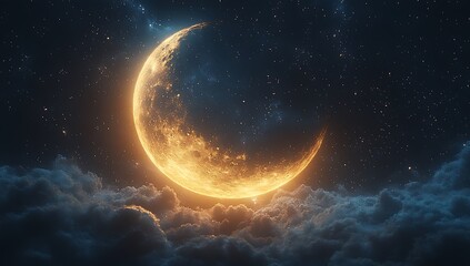 Obraz premium Crescent Moon Illuminating Clouds in a Starry Night Sky
