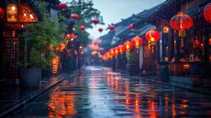 Fototapeta premium Rainy Night In A Chinese Alleyway, Glowing Red Lanterns Reflecting On Wet Cobblestones. A Tranquil, Atmospheric Scene.