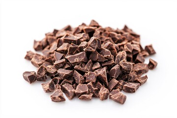 Obraz premium Pile of dark chocolate chunks on a white surface sweet treat ingredient for baking or snacking