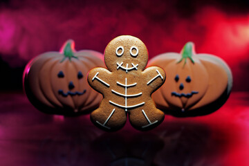 A gingerbread cookie decorated as a skeleton is in the foreground, with two pumpkin-shaped cookies with jack-o'-lantern faces in the background, set against a dark, smoky, red backdrop