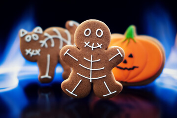 Three Halloween-themed cookies: a gingerbread man with skeleton icing, a cat with skeleton icing, and a pumpkin with a carved face, all set against a dark background with blue lighting.