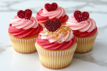 Valentine's Day cupcakes arranged in a heart-shaped pattern, decorated with pastel pink icing and red heart-shaped sprinkles for a sweet and festive touch.