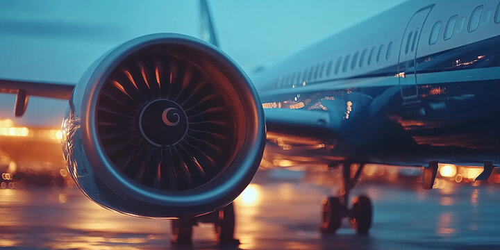 Close-up of an airplane turbine with a futuristic blue background, showcasing intricate details and motion blur