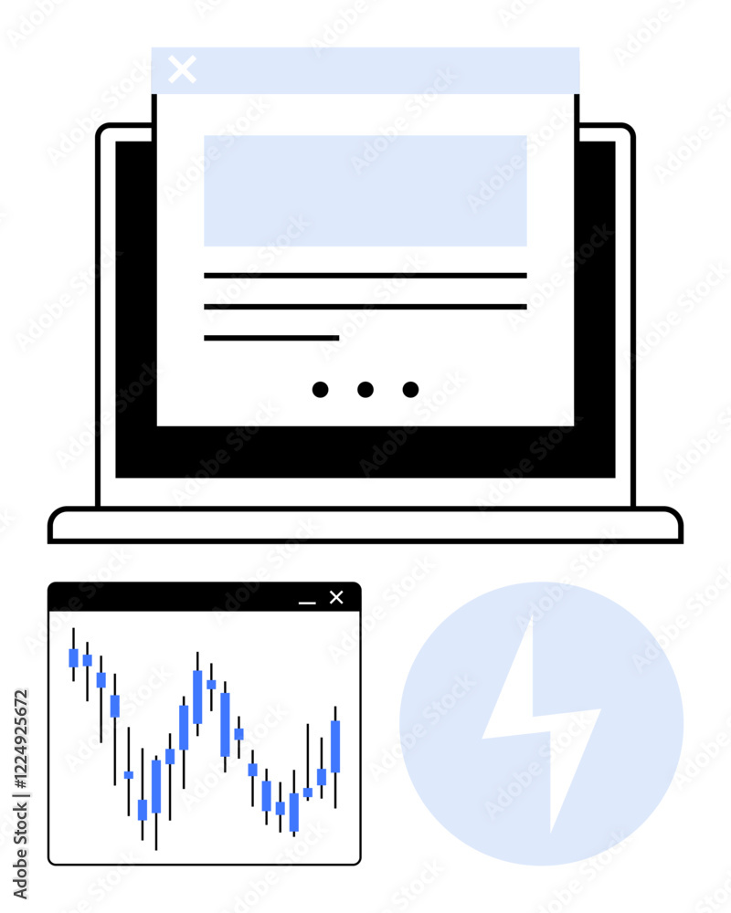 Poster laptop screen showcasing a webpage with text and images. financial chart with candlesticks and light