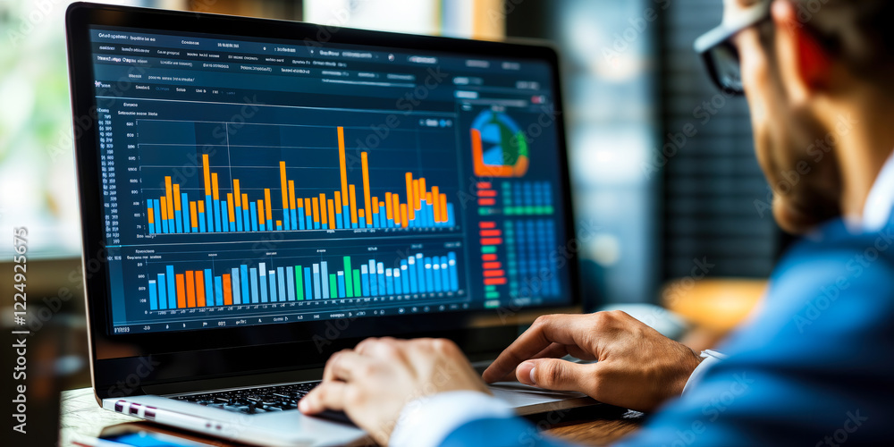 Poster real-time performance analytics on laptop screen for business data analysis and improvement suggesti
