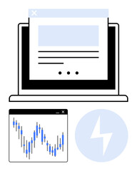 Laptop screen showcasing a webpage with text and images. Financial chart with candlesticks and lightning bolt icon beneath. Ideal for financial analysis, technology, business, web development, data