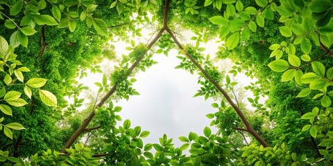 Fototapeta premium Corners with lush green leaves and branches forming a triangular shape in a forest area, plant life