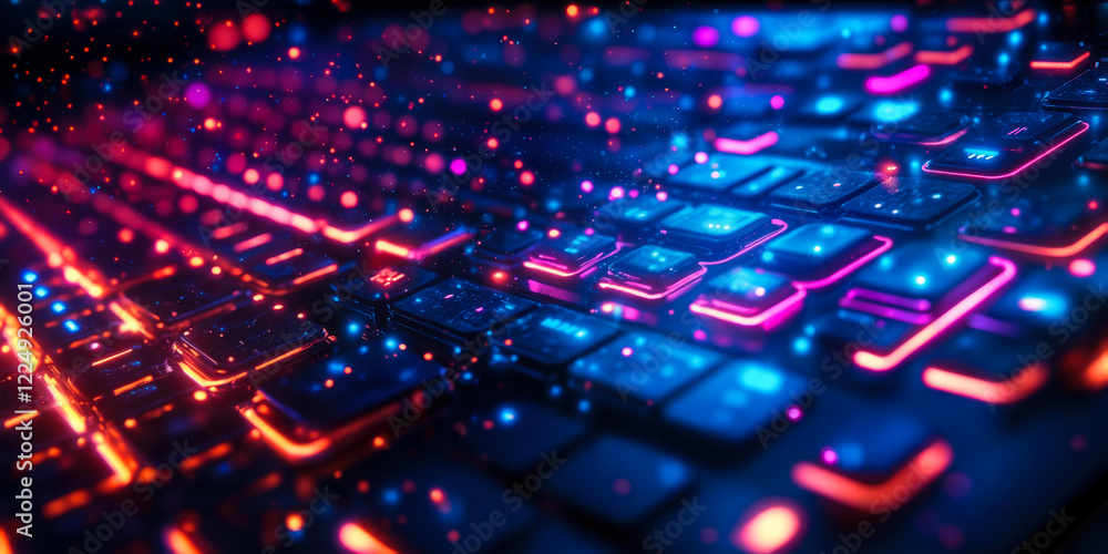 Poster vibrant digital keyboard with neon lights symbolizing no-code technology innovation