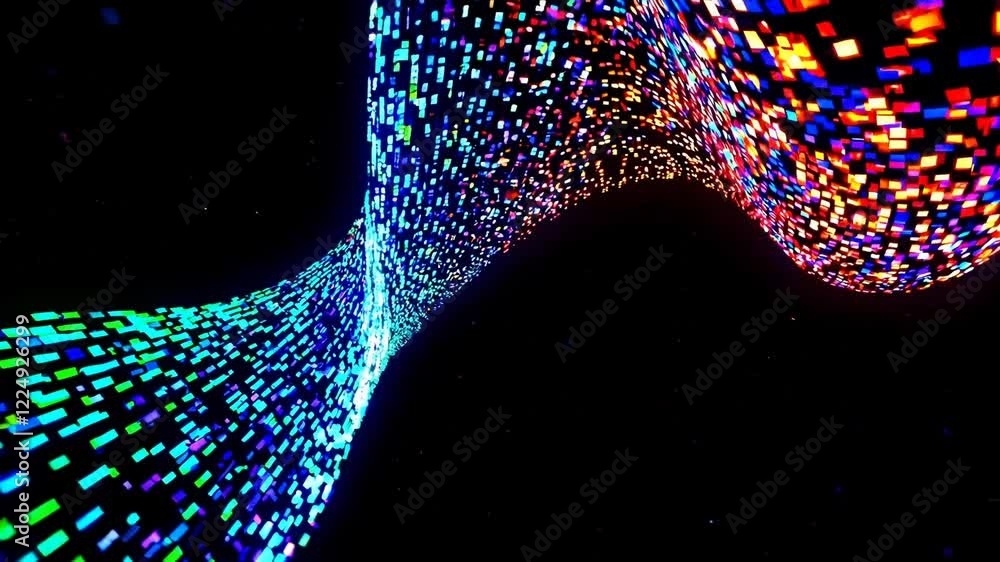 Poster digital wave of colorful pixels forming a dynamic flow across a black background, symbolizing data o