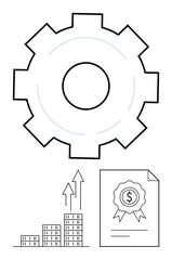 Gear for system process, expanding bar graph with upward arrows for growth, certified finance document for reliability. Ideal for business, strategy, productivity, success, growth, finance