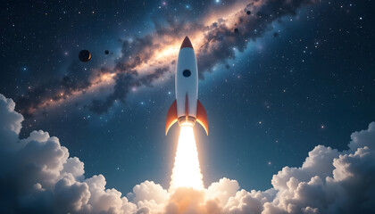 Vibrant rocket launch piercing dramatic clouds & smoke, magical stars nebula in space, universe mysterious cosmology or astronomy 