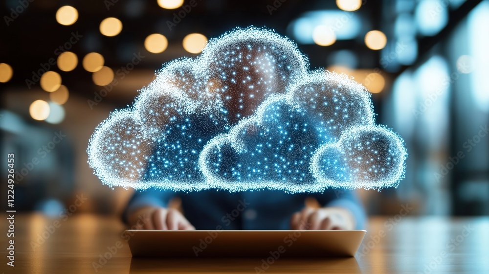 Poster a man interacting with an abstract cloud concept in a modern workspace, exploring digital technology