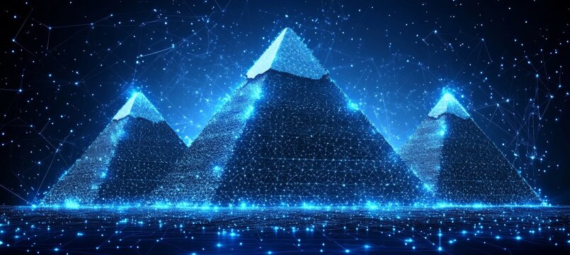 Blue Glowing Wireframe Pyramids of Giza Digital Network With Glowing Blue Particles Illustration
