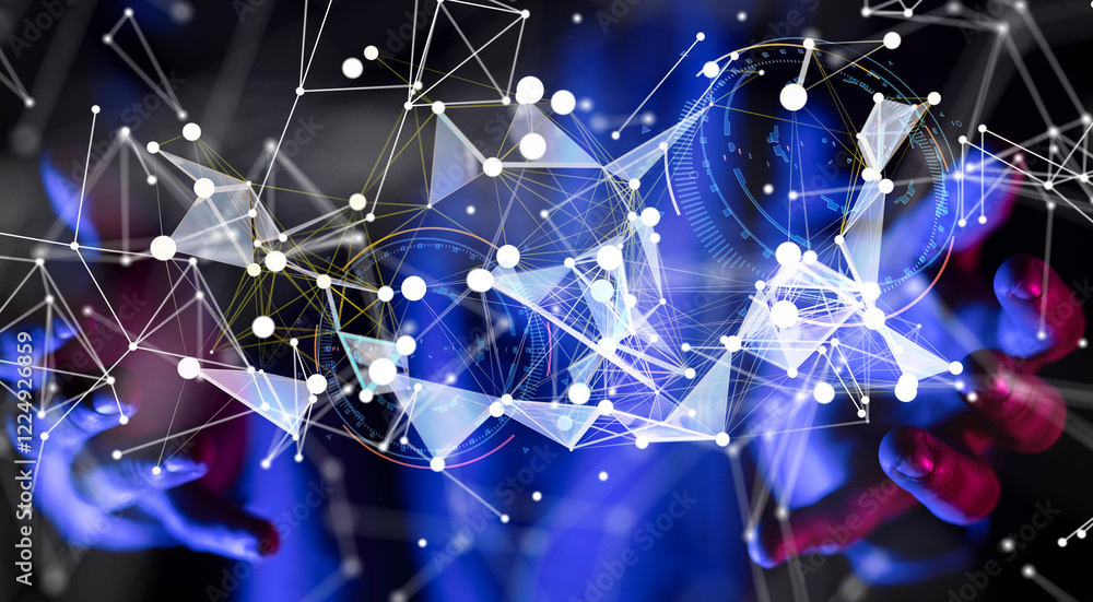 Poster Neural network 3D illustration. Big data and cybersecurity