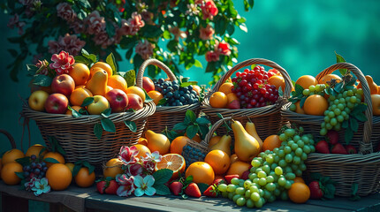 A Cornucopia of Fruits: A Beautiful Arrangement in Wicker Baskets