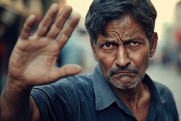 Obraz premium Man expressing emotion in a busy urban street, capturing the essence of daily life and struggles