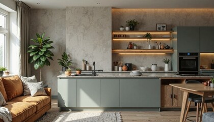 Fototapeta premium A kitchen with a green countertop and shelves, and a couch in the living room