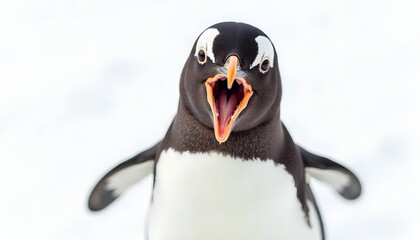 Close-up of a shocked and surprised penguin with a funny expression. Isolated on white background